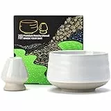 TEANAGOO Matcha-Schüssel mit Ausgießer, Keramik-Matcha-Schüssel-Set und Schneebesenhalter, 2 Stück, Macha Chawan, 510 ml, elfenbeinfarbene weiße Tasse mit Ständer, grüne Teeschale, Geschenk-Set für
