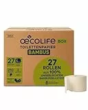 œcolife Toilettenpapier Box Bambus, 3-lagig, 27 Rollen, 250 Blatt pro Rolle, vegan, plastikfrei verpackt, aus 100% Bambus-Zellstoff, super sanft und weich, ohne Kolophonium