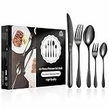 vancasso Besteck Set Schwarz 12 Personen, Besteck Set Glänzend, 18/10 Edelstahl Besteckset mit 60-Teilig Messer/Gabel/Löffel/Dessertlöffel/Dessertgabel, Schwarzes Besteck mit Geschenkbox