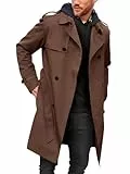 Runcati Herren Mantel Doppelknopfleiste Trenchcoat Langer Revers Business Jacke mit Gürtel, braun, L