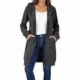 ZWDC Damen Lange Kapuzenjacke mit Reißverschluss Mittellange Freizeitjacke mit Taschen Locker Geschnittene Übergangsjacke für Alltag Arbeit Reisen Outdoor Streetwear
