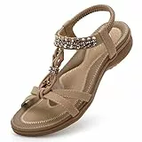 Littleplum Sandalen Damen Sommer Flache Sandalette Bohemia Sandals mit Strass Perlen Freizeit Damen Strand Schuhe Sandalen, Beige,37 EU