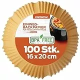 PORTENTUM Backpapier für Heißluftfritteuse 100 Stück, Einweg und ungebleicht. Geeignet für 3.5 bis 6 Liter. Lebensmittelechtes Backpapier, BPA-frei, FDA- und LFGB-zertifiziert