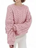 Saodimallsu Pullover Damen Oversized Rundhals Strickpullover Langarm Zopfmuster Grobstrick Pulli Tops Einfarbig Casual Winter Oberteile Rosa M