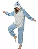 chuangminghangqi Festlicher Damen Schlafanzug Tier Onesie mit Reißverschlüsse Kuscheloverall Unisex Flauschig Ganzkörper Pyjama Plüsch Tierkostüm Einteiler Partyoutfit Geschenk für sie und ihn(Hai,L)