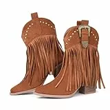 Hawkwell Damen-Cowboystiefel mit Fransen, Snip Toe, zum Überziehen, Western-Stiefeletten, Wildleder, Braun, EU 40