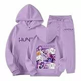 Generisch Trainingsanzüge für Mädchen Kinder Pop 2 teiliges Set mit Anime Druck Kapuzenpullover und Jogginghose Set Hunters Motiv Jogginganzüge Mode Lässige Trainingsanzug Lila 6-7 Jahre