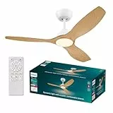 PHILIPS Deckenventilator mit festem Flügel, 3 Flügel, groß (52'), 28 W LED-Licht, Gleichstrommotor, Farbtemperaturbereich (3000 K, 4300 K, 6500 K) mit Dimmfunktion, Weiß/Holz, inkl. Fernbedienung