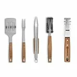 BURNHARD Grillbesteck-Set 5-tlg. 42 cm, Akazienholz Edelstahl, Grillzubehör mit Grillzange, Grillwender, Fleischgabel, Grillbürste und Rostheber
