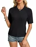GRACE KARIN Damen Frühling Sommer Leichter Rundhalsausschnitt Pullover Casual Einfarbig Kurzarm Tops Schwarz L
