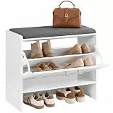HOOBRO Schuhablage, Schuhregal mit gepolsterter Sitzbank, Schuhkipper für 9 Paar Schuhe, Klappfach mit verstellbarem Einlegeboden, 60 x 30 x 55 cm, für Flur, Schlafzimmer, Wohnzimmer, Weiß EWG15HX01