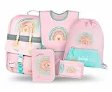 Baagl Schulranzen Mädchen Set 5 Teilig (Zippy Schultasche für 1. Klasse, Mäppchen, Turnbeutel, Schürze, Brustbeutel), Grundschule Ranzen, Ergonomischer Schulrucksack, 18 l (Regenbogen)