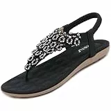 Bohemian Sandalen Zehentrenner Damen Sommer Schuhe mit Weich Fußbett Flach Freizeit Flip Flops Frauen Outdoor Beach Strand Sandaletten Schwarz 39 EU = Herstellergröße 40