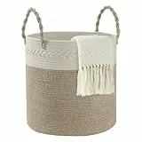 COSYLAND Aufbewahrungskorb Groß für Wohnzimmer, geflochtener Wäschekorb aus Baumwollseil, Wollkorb/Spielzeugkorb, Deckenkorb Wohnzimmer/Korb für Decken, 40×25.5 cm, Weiß Khaki