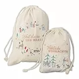 Papierdrachen Geschenkverpackung Weihnachten 2025 - Stoffbeutel - Set - 2 Größen - beige-pastell mit Stickerei - wiederverwendbar zum Befüllen