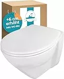 Calmwaters® Erhöhtes Wand WC spülrandlos Modern Plus mit Toilettendeckel, +6 cm Erhöhung, erhöhte Toilette inkl. abnehmbarem WC Sitz mit Absenkautomatik und Fast-Fix, Komfort Tiefspüler, Weiß