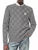 Elegancity Pullover Herren Rundhalsausschnitt Karierter Pullover Langarm Winter Schachbrett Strickpullover Sweater Regular Fit Hellgrau XL