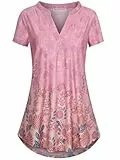 BAISHENGGT Damen Tunika Tops Elegant V Ausschnitt Kurzarm Casual Sommer T-Shirts Bluse Rosa Blumen L