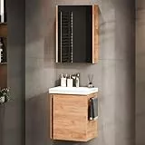 Planetmöbel Waschtisch mit Unterschrank 50 cm inkl. Spiegelschrank 50cm, Badmöbel Set mit Waschbecken, hängend, Gold Eiche