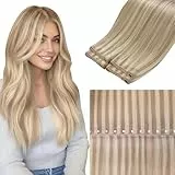 LaaVoo Butterfly Extensions Echthaar Tressen 50cm Aschblond Mit Blond PU OVO Weft Haarverlängerungen Zum Einnähen Nahtlos Unsichtbar Butterfly Weft Extensions Echthaar 60g #18/613