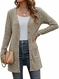 Cicy Bell Damen Lang Button Down Cardigan Elegant Langarm Strikjacke mit Tasche Open Front Sweaters Khaki M