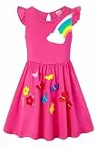 SFreeBo Einhorn Kleid Mädchen Sommerkleid Kinder Rüschenärmel Bunt Taschen Gesticktes Regenbogen Kleid Mädchen 128