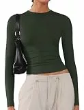 Langarmshirt Damen Tshirts Rundhals Elegant Langarm Oberteile Basic Eng Y2k Tee Tops Einfarbig Shirts Olivgrün M
