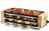 CUSIMAX Raclette Grill mit Rillenpfanne & flacher Pfanne, Steuerung Partygrill für 8 Personen, Antihaftbeschichtung Grillplatte, Stufenlos Regulierbare Temperatur, 8 Mini Pfännchen und Holzspatel