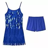 LOLANTA Mädchen Pailletten Fransen Tanzkostüm, Kinder Salsa Rumba Latein Tanzkleidung Set, Glitzerndes ärmelloses Quasten Tanz Mini Kleid mit Shorts, Königsblau, 8-9 Jahre, 140