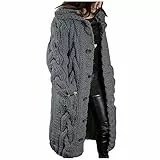 EMATOP Strickjacke Damen Lang Cardigan Grobstrick Winterjacke Einfarbige Lockere Übergangsjacke mit Kapuze Strickmantel Herbst Winter Strick Pullover Elegant Wintermäntel Pulli Sweater Mantel