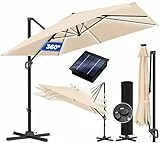 KESSER® Sonnenschirm LED Solar Ampelschirm SUN XL 300 x 300 cm Inkl. Abdeckung +Windsicherung Drehbar Neigbar Kippbar Marktschirm Groß 360° Rotation, Gartenschirm mit Kurbel Sonnenschutz, Beige