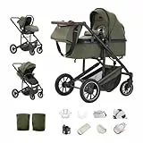 Kakbgee Kinderwagen 3 in 1, Kombi-Kinderwagen mit ECE R129-Autositz, höhenverstellbarer Griff, Buggy mit hohem Aluminiumrahmen für Neugeborene