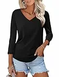 Rapbin Tshirt Damen Schwarz Elegant 3/4 Arm Tunika Locker Blumen Oberteile V-Ausschnitt für Basic Shirt