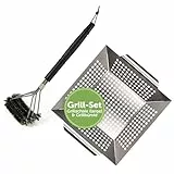 Blumtal Grillbürste Edelstahl & Grillschale (Large) Edelstahl Set - Grillreiniger Gasgrill Grillbürsten – Grillkorb 29,5 x 29,5 x 6 cm – Grillschale Spülmaschinengeeignet - Grillrost Bürste im Set