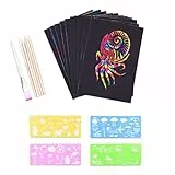 Kratzbilder Set für Kinder,Kratzpapier Set, 50 Große Blätter Regenbogen Kratzpapier zum Zeichnen und Basteln | mit Schablonen, Holzstiften und Stickern (13 x 19cm)