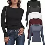 YOIOWVY 5er-Pack Damen Langarmshirts Basic-Shirts Schmal geschnitten Stretch Rundhals T-Shirts Atmungsaktive Unterziehshirts für Frauen Berufskleidung Unterhemden