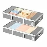 LAMU 2 Stück Unterbettkommode, Unterbett Aufbewahrungsboxen, 54L faltbare Unterbett Storage Taschen mit Sichtfenster & 3 PU-Leder-Griffen für Kleidung, Decken, Bettdecke, Grau