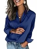 Zeagoo Damen Satin Bluse Langarm Satinblusen Elegant V-Ausschnitt Hemdbluse Button Down Business Shirts Lässige Oberteil Tops Marineblau M
