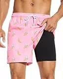 Aueyan Herren-Badehose, 14 cm, mit Kompressionsfutter, Reißverschlusstaschen, schnell trocknend, lustig, Strand-Shorts, Pink Banana, L