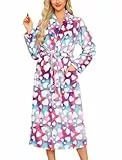 ENJOYNIGHT Bademantel Damen Flauschig Morgenmantel Kuschel Fleece Hausmantel Lang Warm Robe (Medium,Weißes Herz)
