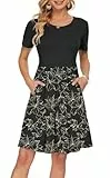 AUSELILY Sommerkleid Damen Midi Kleider mit Taschen Kurzarm Freizeit Knielang Strandkleider Goldblatt Schwarz L