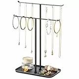 pickpiff Schmuck-Organizer-Ständer, Halskettenhalter, 2-stöckig, T-Bar, Schmuckständer mit Tablett für Arbeitsplatte, Halsketten, Armbänder, Ohrringe, Schminktisch, Kommode, Waschbecken, Schwarz