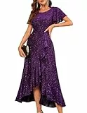 Berylove Damen Glitzer Abiballkleid Lang Cocktailkleid Luxus Festkleid Elegantes Hochzeitsgast Abendkleid 007 Purple L