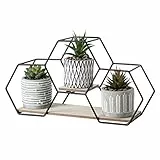 TERESA'S COLLECTIONS Moderne Kunstpflanze mit Metall-Holzbock für Heimdekoration, 3er Set künstliche Sukkulenten in geometrischem Keramik,Wohnzimmer Deko Tischdeko