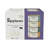 Applaws 100% natürliches Premium-Nassfutter für Katzen in Brühe für ausgewachsene Katzen - Thunfisch, Huhn, Meeresfisch Gemischte Auswahl in Brühe - Packung mit 12 x 70g Dosen