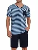 Leversic Schlafanzug Herren Kurz aus Baumwolle mit Kontraststreifen Design, Sommer Pyjama Set Oberteile und Kurze Hosen, Vater und Partner, 206-Himmelblau, XL