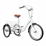 KEESUNG Dreirad FüR Erwachsene 20 Zoll, 1 Gang 3 Rad Erwachsenes Fahrrad mit Einkaufskorb Weiß Einkauf Tricycle Dreirad Fahrrad Für ältere Menschen Fahrräder Höhenverstellbar Fahrrad