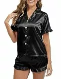 HANERDUN Schlafanzug Damen Pyjama Set Satin Kurzarm Nachtwäsche mit Knopfleiste Zweiteiliger Hausanzug Sleepwear Pjs Sets