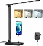 Lepro LED Schreibtischlampe 15W, Dimmbar Tischleuchte 655LM mit 3 Farbmodi & 5 Helligkeitsstufen, USB-Anschluss, Augenschutz Leselampe für Büro, Arbeitszimmer, Nachttisch & Lesen, Schwarz