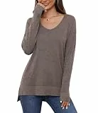 YGJIEGENG Pullover Damen V Ausschnitt Strickpullover Herbst Winter Sweatshirt Leichter Einfarbig Pullover Elegant Casual Oversize Warm Oberteile Khaki M